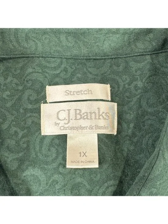 CJ Banks Pearl Snap Blouse Womens Size 1X Stretch Paisley Green Long Sleeve - Picture 7 of 13